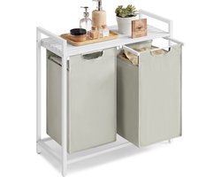 O'DADDY® Wasmand 2 Vakken - Uitschuifbare Wassorteerder met Plank - 76 Liter - 73 x 33 x 72 cm - Verstelbare Pootjes - Eenvoudige Montage - Multifunctioneel en Stijlvol - Metaal - Wit