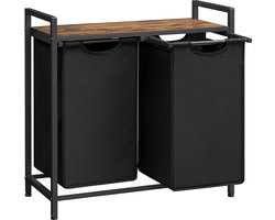 O’DADDY® Wasmand 2 vakken – wassorteerder - uitschuifbaar met plank - 73 x 33 x 72 cm – wasmand met uitneembare zakken en klittenband sluiting - 112L verdeeld over 2 zakken – wasmanden – wasmand zwart metaal - bruin hout