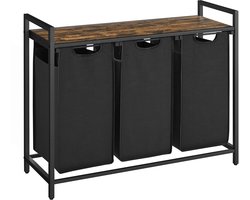 O'DADDY® Wasmand 3 Vakken - Wassorteerder - Uitschuifbaar - Eenvoudige Montage - 92.5 x 33 x 71 cm - 114L Capaciteit - 3 Zakken - Bruin Hout - Zwart Metaal - Wasmanden - Wasbox
