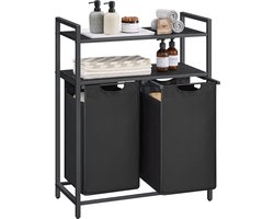 O'DADDY® Wasmand met 2 Vakken & 2 Planken - 76 Liter - Wassorteerder Uitschuifbaar - Was Organizer - Laundry Basket - Wasbox - Wasmanden - Dubbele Wasmand - Zwart/Bruin