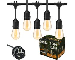 Odaily Lichtsnoer 10 meter – Warm Wit 2700K – IP65 Waterdicht – 10x LED E27 1W + 1 Reserve Lamp – Koppelbaar tot 800m – Voor Thuis & Horeca – Prikkabel – Lichtslinger voor Buiten