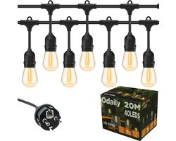 Odaily Lichtsnoer 20 meter met 40 Lampjes E27 Warm Wit - 40x 1W LED Lampen + 2 Reserve - Koppelbaar tot 800m - IP65 Waterdicht - Prikkabel voor Thuis & Horeca - Lichtslinger voor Buiten