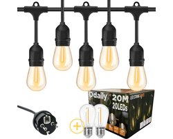 Odaily Lichtsnoer 20 meter – Warm Wit 2700K – IP65 Waterdicht – 20x LED E27 1W + 2 Reserve Lampen – Koppelbaar tot 800m – Voor Thuis & Horeca – Prikkabel – Lichtslinger voor Buiten