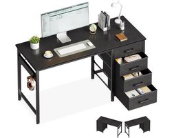 ODK Bureau met 4 lades, 120 x 48 x 76 cm, computertafel met hoofdtelefoonhouder, pc-tafel, omkeerbare houten bureautafel voor thuiswerkplek, zwart