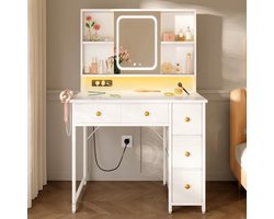 ODK Witte vanity tafel met verstelbare led-spiegel en ingebouwde sokkel, 5 stoffen laden en plank, make-up-bureau-organizer voor slaapkamer