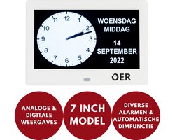 OER Dementieklok – Digitaal & Analoog – Kalenderklok met Alarmfunctie – Voor Alzheimer en Ouderen – Automatische Dimfunctie – 7 Inch Scherm – Wit