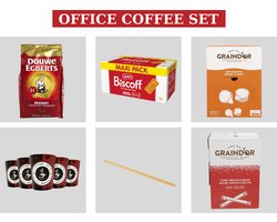 Office Coffee Set - 1 kg Douwe Egberts Koffiebonen + 400 stuks Lotus Biscoff + 240 Stuks Koffieroom Graindor + 500 Stuks Suiker Graindor + 500 Stuks Koffiebeker + 1000 stuks Roerstaafjes - Koffie Set - Koffie Pakket Voor Op Kantoor - Koffie