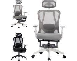 OFMOTRA Bureaustoel - Verstelbare hoofdsteun, armsteun, lendenkussen - met voetsteun - Computerstoel - met kledingrek - Office Chair - Ergonomische Gamestoel - Grijs