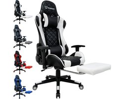 OFMOTRA Game stoel -Ergonomische - Gaming stoel- Bureaustoel - Incl. kantelfunctie tot 180°, 3D-verstelbare armleuningen, lendensteun & hoofdsteun - Met Voetsteun - hoogte en helling verstelbaar - Draaistoel -Wit