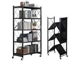 OFMOTRA Inklapbare stellingkast - Keuken Opslag - Keukenrek - Met 360° wielen - 5 plank kast - Keuken Organizer - Maximaal draagvermogen per laag 20KG - 163（H）x72x37cm - Zwart