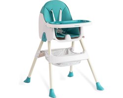 OFMOTRA Kinderstoel 3 in 1 - Inklapbare Eetstoel - Kinderzetel - met opbergmand - Verstelbaar Baby Stoel - Peuterstoel - 5-punts Gordel - Uitneembaar lederen kussen - Meegroei Stoel - Blauw