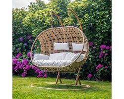 Ogarden Luxe Dubbele Hangstoel Istanbul met Standaard - Bruin frame -162*108*196CM- 2 Persoons Egg Chair - Extra Dik Kussen - voor binnen en buiten