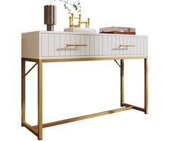 Ohana DT - Kaptafel - Make Up Tafel - Console Tafel - 75x100x45 CM - 2 Ruime Lades - Goudkleurige Handgrepen - Metalen Frame - Wit