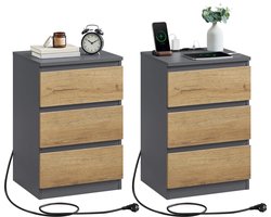 Ohana DT - Nachtkastje - Nachtkastjes Set Van 2 - Nachtkastjes Modern - Oplaadstation - Drie Ruime Lades - Eenvoudige Montage - Grijs