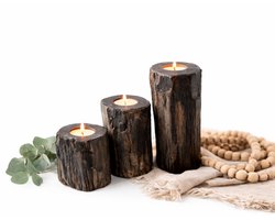 Ohana DT - Theelichthouder Set Van 3 - Waxinelichthouders Set - Kaarsenhouder - Woondecoratie - Versteend Hout - 3 Verschillende Hoogtes