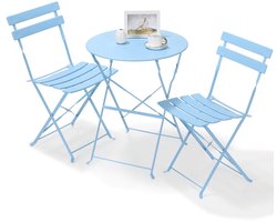 Ohana DT - Tuinmeubilair - Terrasset - Bistrotafelset 3-delige - Balkonsetje - Baby blauw - Stalen tafel en stoelen - Opvouwbare bistroset voor gazon - Balkon - Achtertuin Tuin