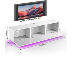 Ohana DT - TV Meubel Wit - TV Meubel Zwevend - TV Kast - 140x29,5x35cm Soft-close Deur Zonder Handgrepen - LED-verlichting - Wit