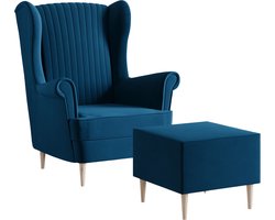 Ohrensessel, fauteuil van fluweel, stoel, zitmeubel, gestoffeerde fauteuil, relaxfauteuil - Fauteuil Comfy met Hocker - Blauw (Manila 25)
