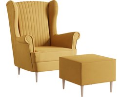 Ohrensessel, fauteuil van fluweel, stoel, zitmeubel, gestoffeerde fauteuil, relaxfauteuil - Fauteuil Comfy met Hocker - Geel (Manila 32)