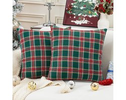OIMG 2 stuks kerstkussensloop - 40x40 Kerst Kussensloop - Kussensloop - Kerstkussenhoezen - Vierkant kerst kussensloop - Schots geruit kussensloop - Geschikt voor banken, slaapkamers, woonkamers, kantoren, woonaccessoires - Groen