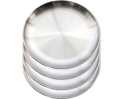 OIMG 4 stuks - Verdikt dinerbord van roestvrij staal - rond dinerbord - RVS Maaltijdborden - kampeerbord - roestvrijstalen bord - grillplaat - geschikt voor kamperen,barbecueën,picknicken en buitengebruik - 20 cm diameter