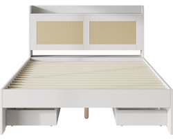 Ojiuboo-Bed met opbergruimte - Tweepersoonsbed - Functioneel bed - Bed met massief rotan - met lades - met opbergruimte - Wit - 140x200 cm - Matras niet inbegrepen - Geschikt voor volwassenen en tieners
