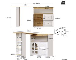Ojiuboo-Draaibaar Dressoir - 360° Uitschuifbare Eettafel - Dubbele Laden + Snackrek - Gebogen Glazen Deur - Verstelbare Tussenschotten - Wit - 138-204x39x104cm