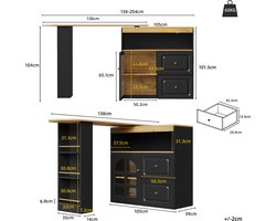 Ojiuboo-Draaibaar Dressoir - 360° Uitschuifbare Eettafel - Dubbele Laden + Snackrek - Gebogen Glazen Deur - Verstelbare Verdelers - Zwart - 138-204x39x104cm