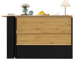 Ojiuboo-Draaibare eettafel - Uitschuifbare bartafel - 360° draaibaar onderstel - Vijf lagen opbergruimte + gehard glazen kast - met snackrek aan de zijkant - Zwart - 138-204x39x102,5cm