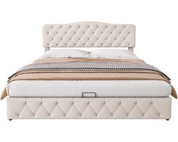 Ojiuboo-Gestoffeerd tweepersoonsbed 180x200 - Wit synthetisch leer - Europees hydraulisch systeem - Verstelbaar hoofdbord - Inclusief lattenbodem - Exclusief matras