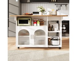 Ojiuboo-Keukeneiland - Opvouwbare en uitschuifbare eettafel - Dubbelzijdige klaptafel - Opbergkast met glazen deur - Afsluitbare zwenkwielen - Wit - 120x30x79,5 cm (opgevouwen)