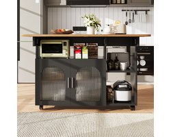 Ojiuboo-Keukeneiland - Opvouwbare en uitschuifbare eettafel - Dubbelzijdige klaptafel - Opbergkast met glazen deur - Afsluitbare zwenkwielen - Zwart - 120x30x79,5 cm (opgevouwen)