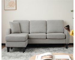 Ojiuboo-L-vormige hoekbank — 3-zitsbank met chaise longue — Modulair en verstelbaar ontwerp — Stof van vezelkatoen en linnen — Kunststof poten — Geschikt voor woonkamers/appartementen/kantoren — Lichtgrijs — 166x118x77cm