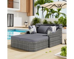 Ojiuboo - Ligstoelset - PE-rotan - Met verstelbare luifel - All-weather rieten terrasligstoel - Dubbele ligstoel - Met 4 kussens en afneembare kussenhoezen - Voor tuin - Zwembad - Grijs