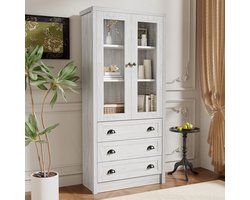 Ojiuboo—Moderne Tallboy kast - 80x34x171cm - Houtnerf + Glazen deuren - Drie lades + Messing handgrepen - Opbergkast voor woonkamer/kantoor/entree
