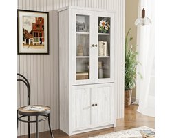 Ojiuboo—Moderne Tallboy kast - 80x34x171cm - Houtnerf + Glazen Deuren - Messing Handgrepen - Dubbele Houten Deuren + Dubbele Glazen Deuren Opbergkast - Woonkamer/Kantoor/Entree
