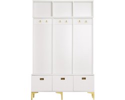 Ojiuboo-Moderne witte kapstokset voor de hal - multifunctionele opberg- en schoenenbank met bankje - 6 gouden haken + open opbergvak - hoogglans deurpaneel met groef - afmeting 120×40×191,5 cm