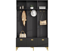 Ojiuboo-Moderne zwarte halkapstokset | Multifunctionele opberg- en schoenenbank met bankje | 6 gouden haken + open opbergvak | Hoogglans deurpaneel met groef | Afmeting 120×23,5×191,5 cm