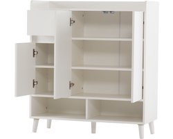 Ojiuboo-Multifunctionele opbergkast – wit – met lades en verstelbare planken – poten van massief hout – geschikt als dressoir/schoenenkast/entreekast – 90x35x99 cm