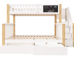 Ojiuboo-Stapelbed voor kinderen — Multifunctionele opberglades en trap met krijtbord — Wit + Licht Eiken — 90x200 + 140x200 cm