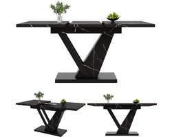 Ojiuboo-Uitschuifbare eettafel - Slim schuifontwerp - Zwart gemarmerd MDF-blad + verdikte metalen poten - Ingebouwde verlenging - Verstelbare voetsteunen - Zwart - 120-160 x 75 x 75,5 cm
