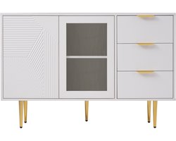 Ojiuboo - Witte ladekast met glazen deuren - 3 lades + 2 deuren - Metalen poten - Moderne opbergkast - B120 × H79,5 cm - Woonkamer/Hal/Dressoir/Vitrinekast