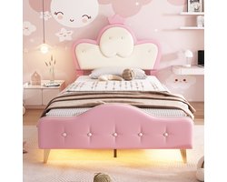 Ojiuboo - Zacht kinderbed - Roze en witte kleur - Crown Wave hoofdbord - Met monochrome LED-lichtstrip en metalen bedpoten (zonder matras) - 90x200cm
