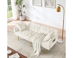 OKWISH 2-Zitsbank – Teddy-Fleece Bank Voor 2 Personen Met 3-Stand Verstelbare Rugleuning – Met 2 Kussens En Gouden Metalen Poten – Teddy – Beige