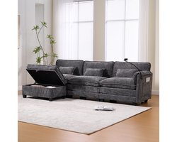 OKWISH 3-Zitsbank – Comfortabele Bank Met Memory-Foam & Opberghocker – USB-Aansluiting, Zijvak En Telefoonhouder Voor Woonkamer – Chenille – Grijs