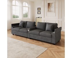 OKWISH 4-Zitsbank – Ruime Sofa Voor 4–5 Personen Met USB & USB-C, Verstopte Opbergruimte En Opklapbare Middenarmleuning – Cordstof – Grijs