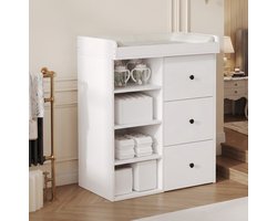 OKWISH Baby Verschooncommode - 2 In 1 Met Afneembare Reling - Opbergkast Met Lades -- 82 X 50 X 100 Cm - MDF - Wit