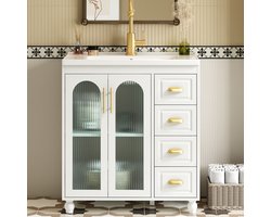 OKWISH Badkamer Meubel Met Wastafel - 80 Cm - Wit MDF - Keramische Wastafel - Staand Model Met Lades En Deuren