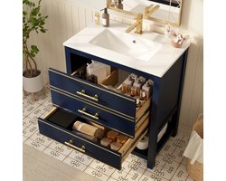 OKWISH Badkamer Wastafelonderkast Met Keramische Wastafel – 66 cm – 2 Lades + Open Vak – Waterbestendig MDF Zwart+Blauw Met Goudkleurige Grepen