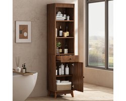 OKWISH Badkamerkast – 172 Cm Hoge Staande Kast – Met Schuiflade En Omkeerbare Deur – Opbergruimte Voor Badkamer – MDF Walnoot – 40×36×172 Cm